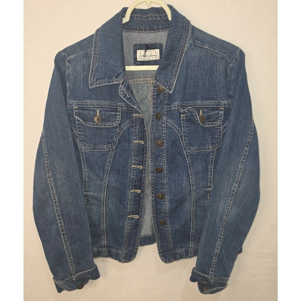 Womens Small Denim Jacket Dark Wash Stretch Trucker Blue